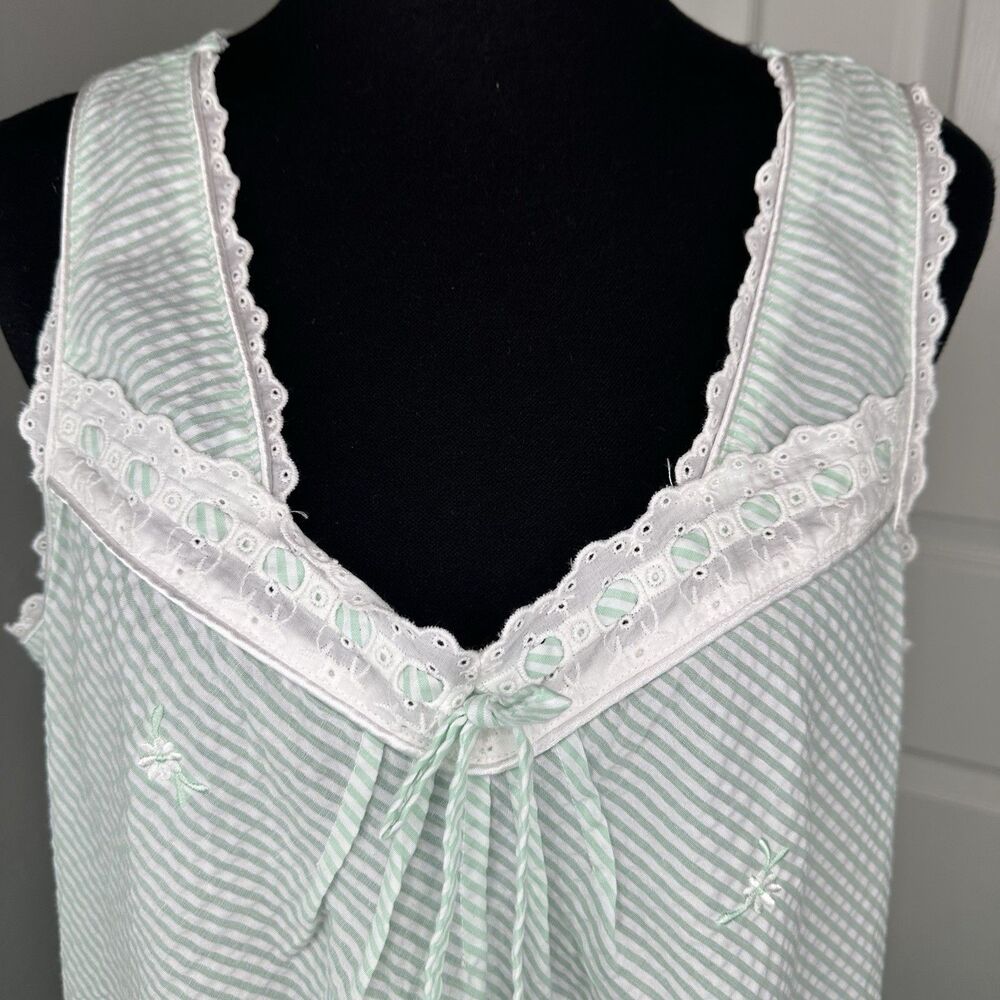 Miss Elaine Seersucker Nightgown Sz XL Striped Floral Embroidery Cottage Grandma - Picture 3 of 12